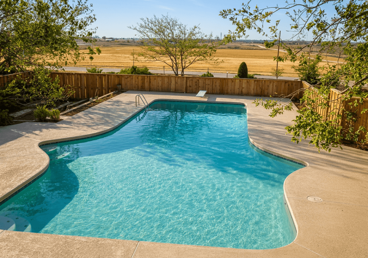 Freeform lagoon pool with diving board and tan concrete deck overlooking open Oklahoma farmland