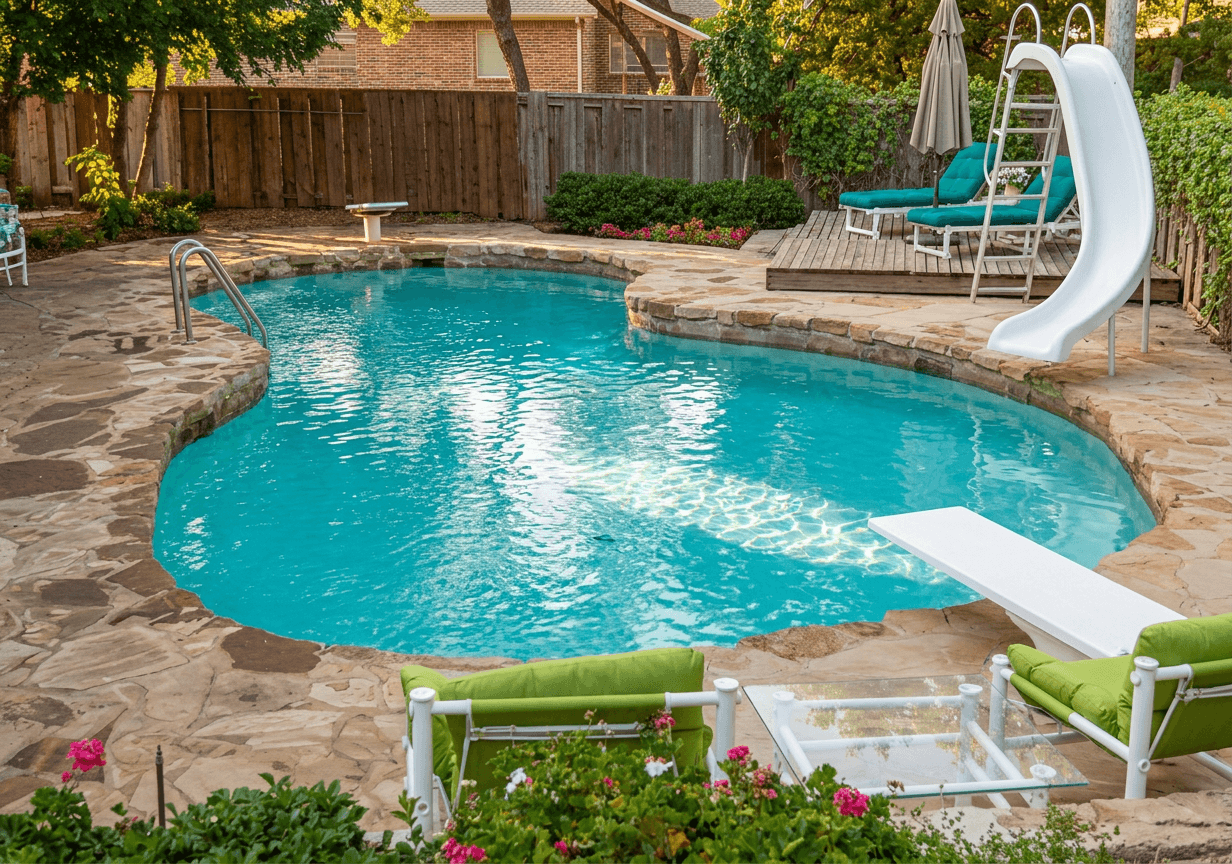 Freeform lagoon pool with white slide and diving board framed by natural flagstone decking at golden hour