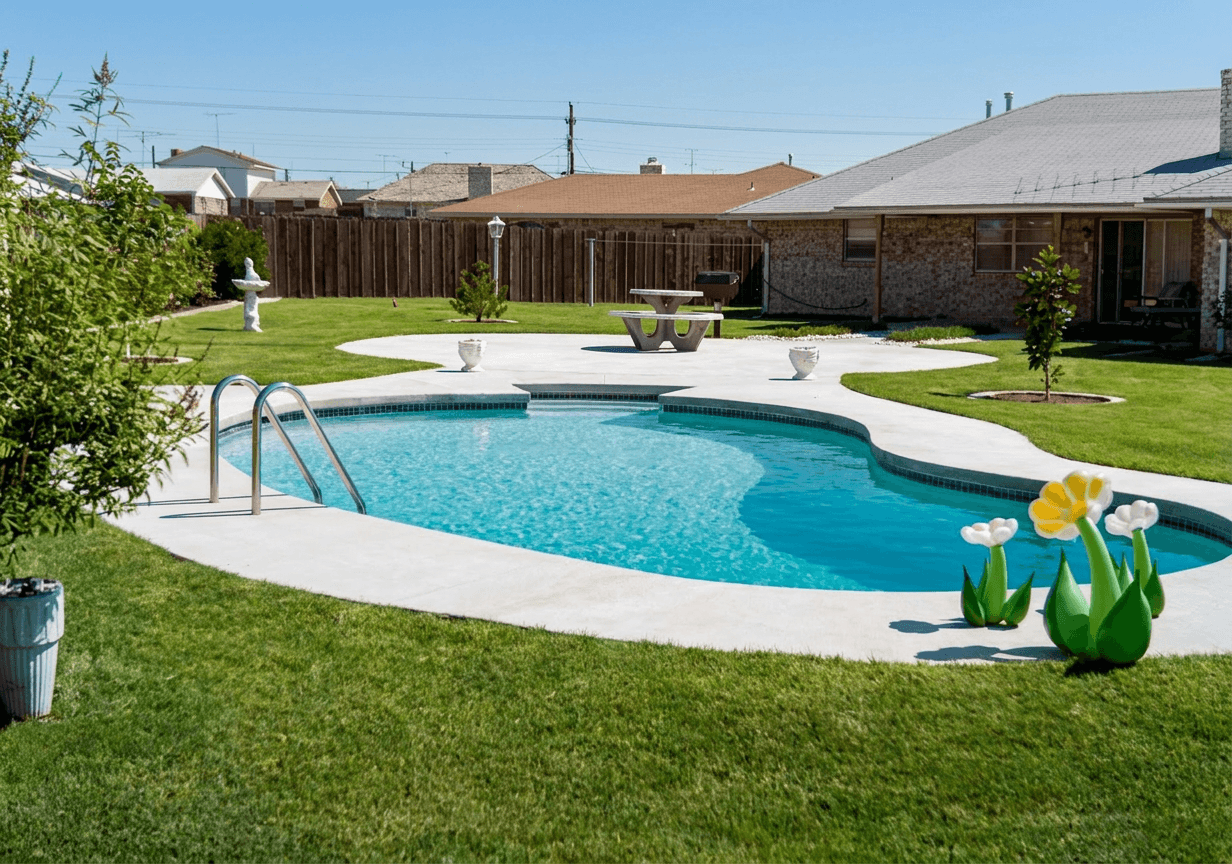 Freeform lagoon pool with tanning ledge and chrome ladder in a sunny fenced backyard with green lawn