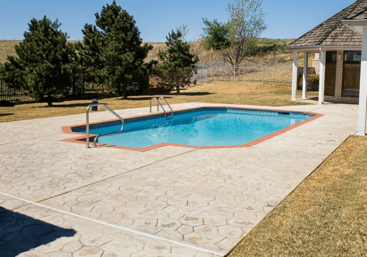 Freeform lazy-L backyard pool with stamped concrete deck, chrome ladder and pavilion in rural Oklahoma yard