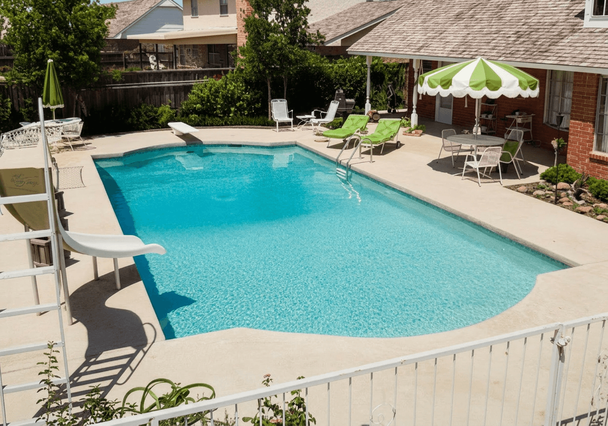 Freeform backyard pool with diving board, white curved slide, and striped umbrella patio on a sunny day