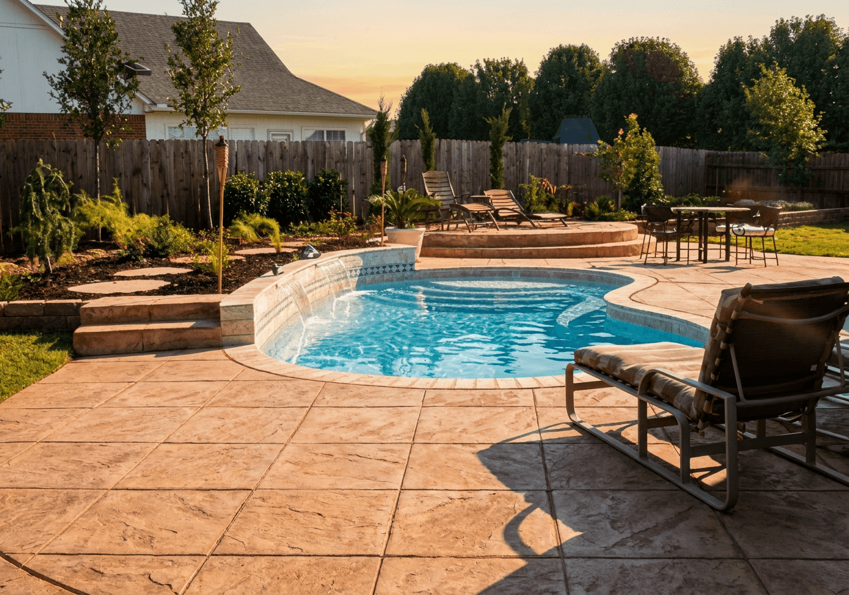 Freeform backyard pool with raised stone spa and stamped concrete deck glowing at golden-hour sunset