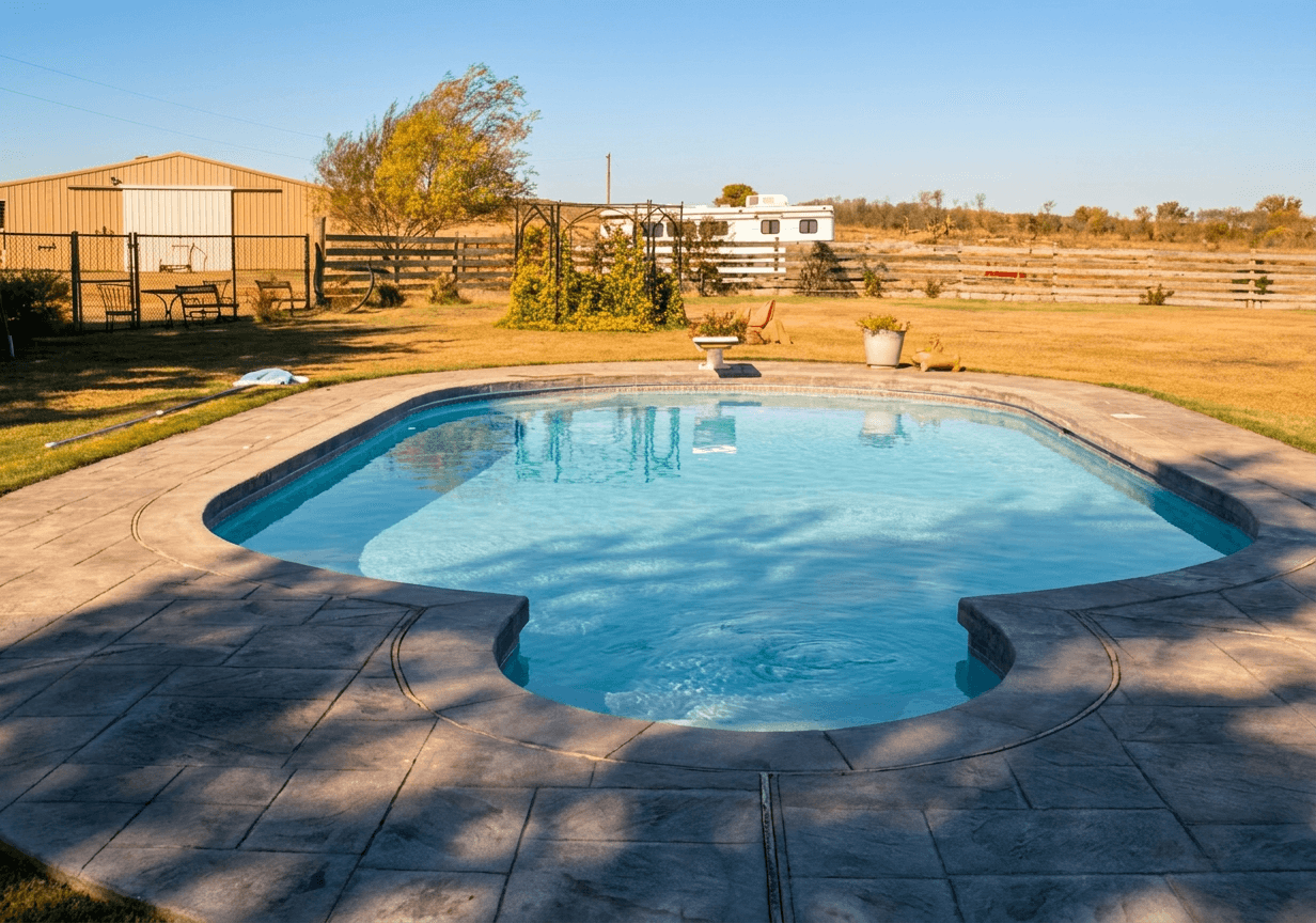 Freeform kidney-shaped backyard pool with tan stamped concrete deck on a rural Oklahoma ranch property at golden hour