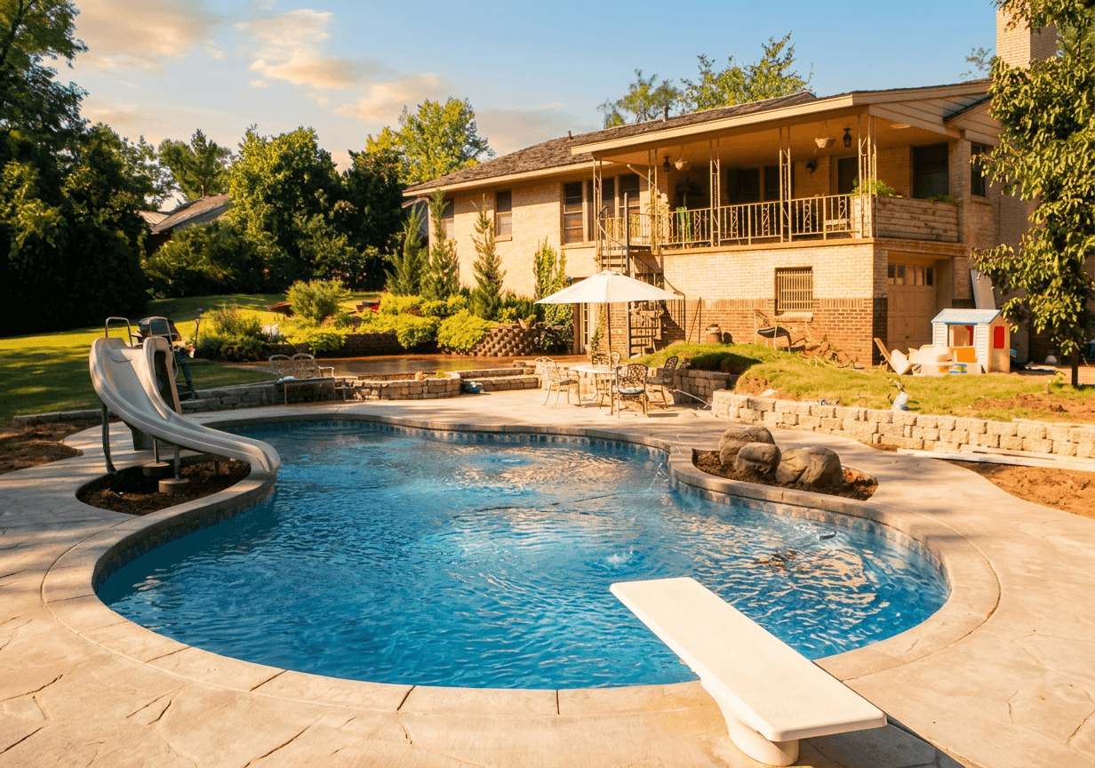 Freeform backyard pool with rock water slide, diving board and stamped concrete deck behind a brick home