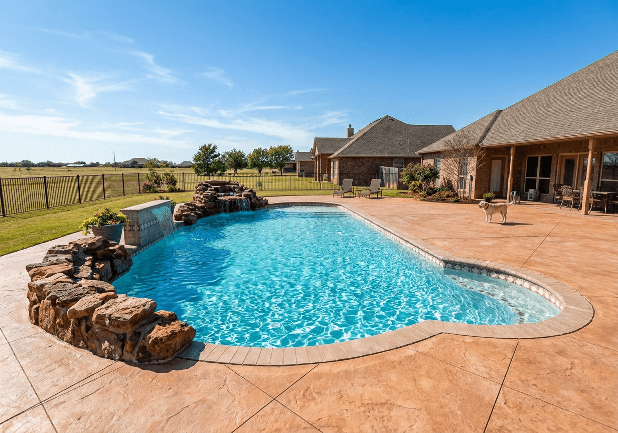 Freeform backyard pool with natural stacked-stone waterfall, stamped concrete decking, and brick ranch home under clear sky