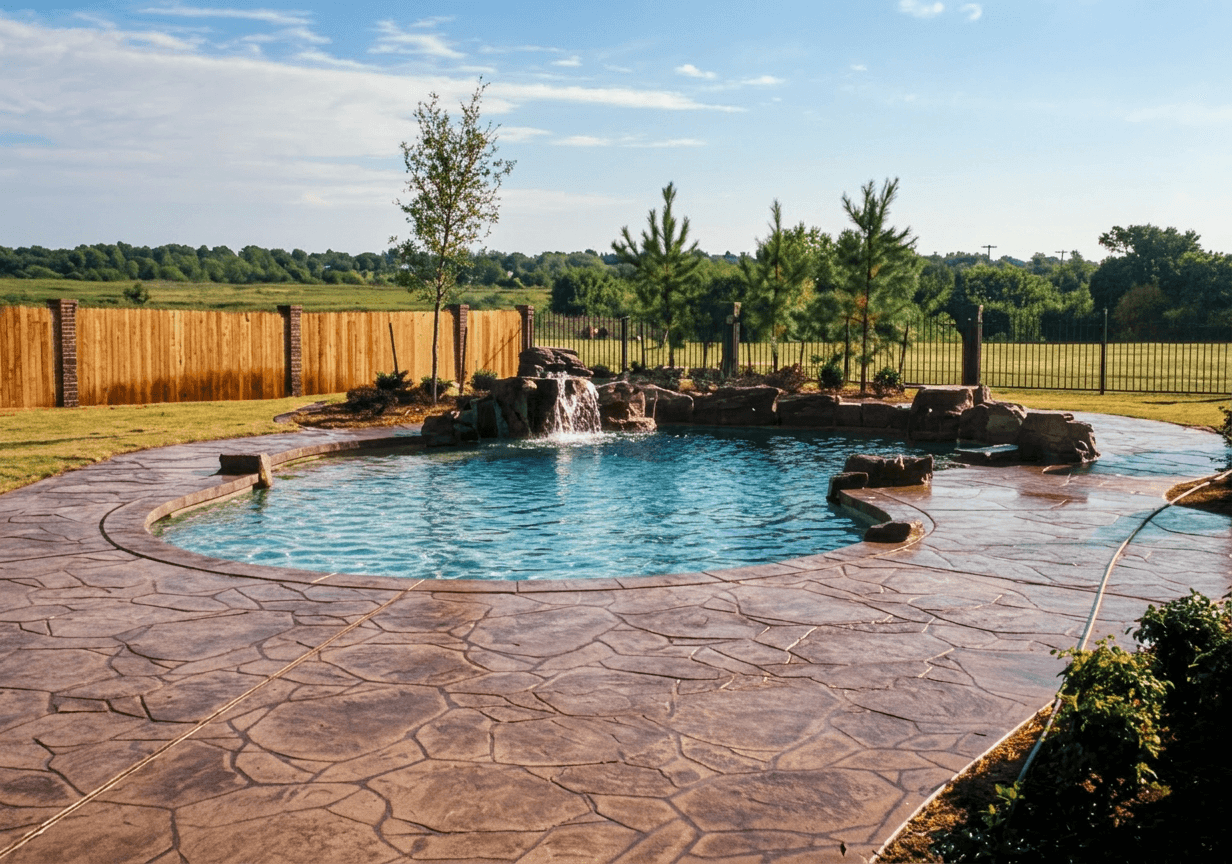Freeform backyard pool with natural rock waterfall, tanning shelf and tan stamped concrete decking on a sunny day