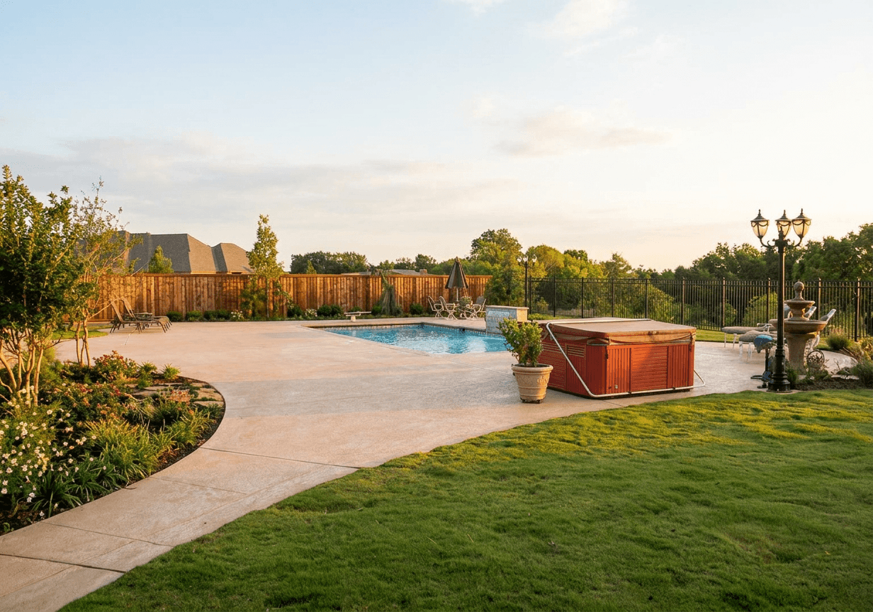 Freeform backyard pool with raised cedar spa spillover, stamped concrete deck and wood privacy fence at golden hour