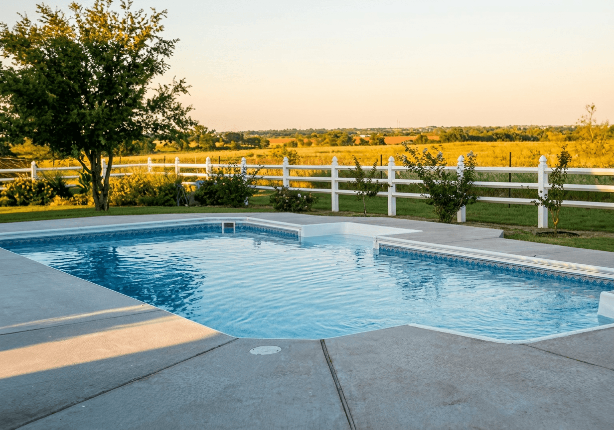 Freeform pool with curved tanning ledge at golden hour beside white ranch fence and open countryside