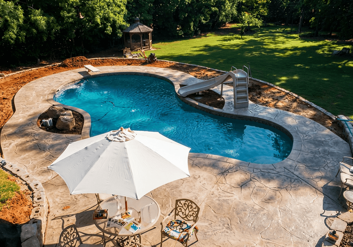Aerial view of freeform backyard pool with curved water slide, raised rock planter, and stamped concrete decking