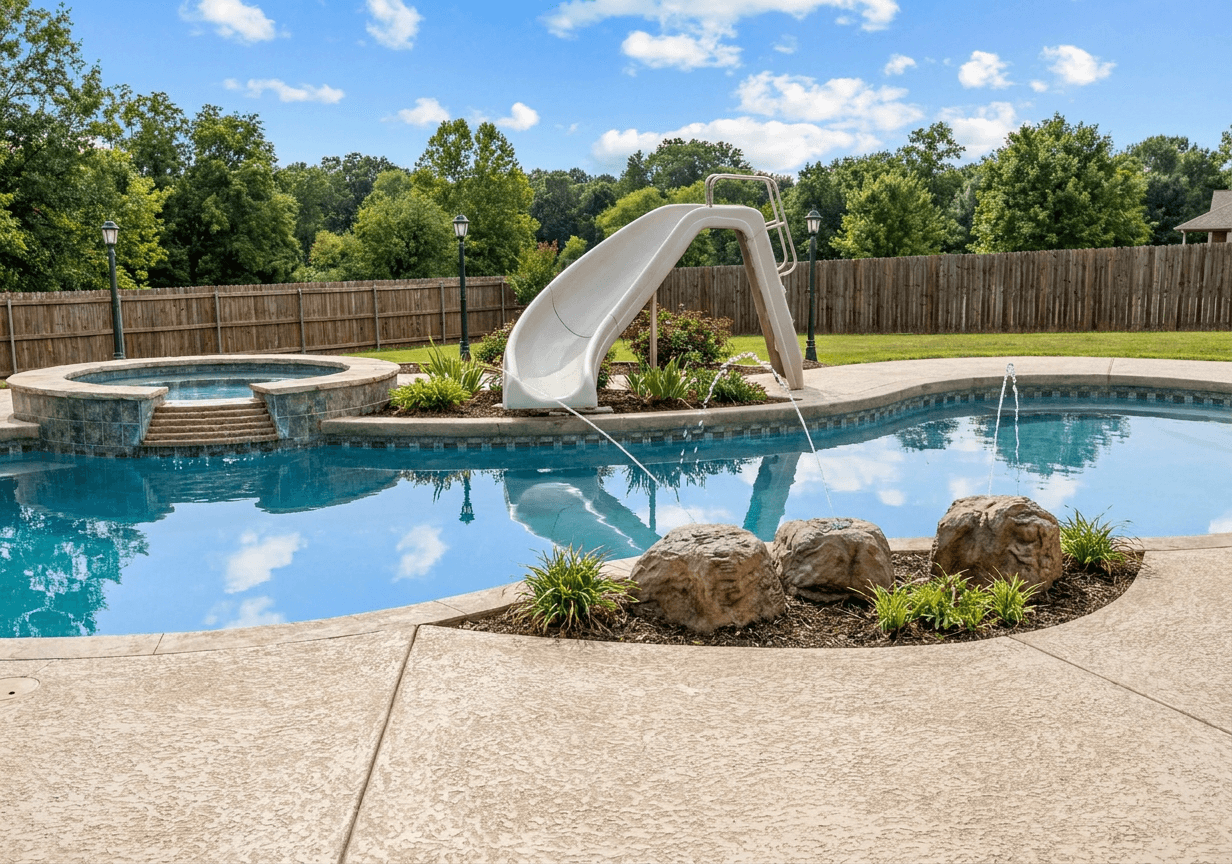 Freeform backyard pool with white curving water slide, raised stone spa, and deck jets in sunlight