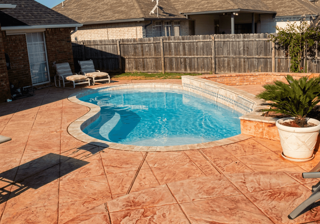 Freeform kidney-shaped backyard pool with tanning ledge bordered by red stamped concrete decking and palm planter