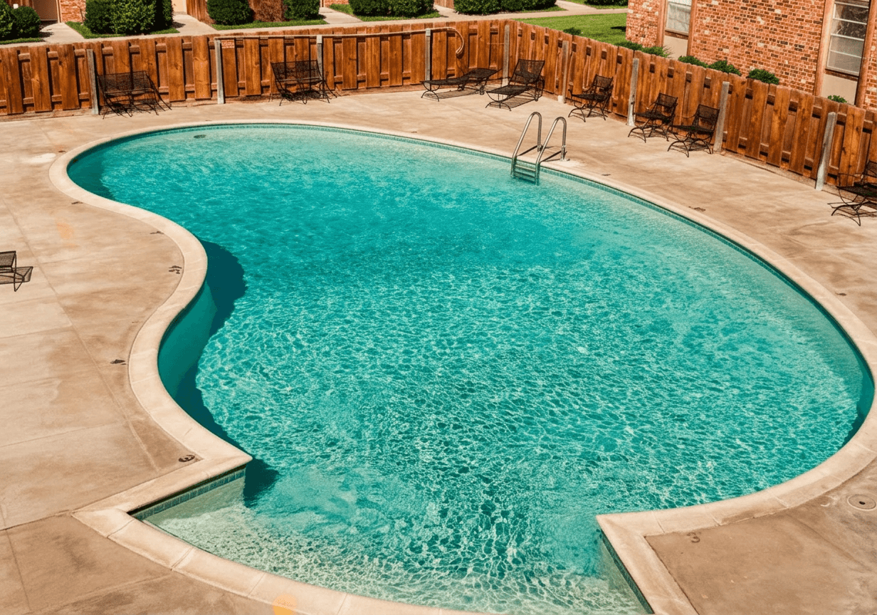 Kidney-shaped freeform pool with turquoise water, stamped concrete deck, cedar privacy fence and poolside loungers