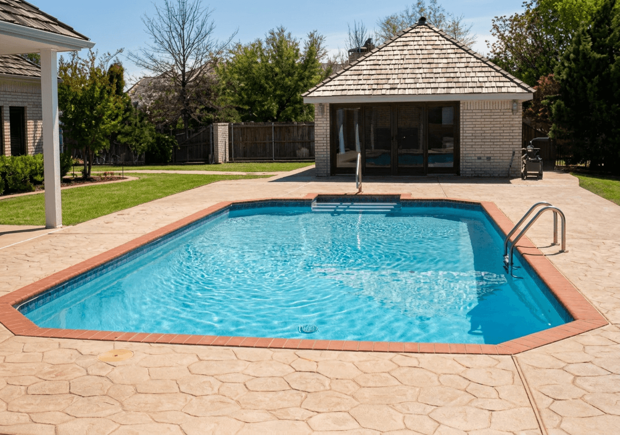Rectangular backyard pool with terracotta coping, stamped concrete deck and wood-shingled cabana under blue sky