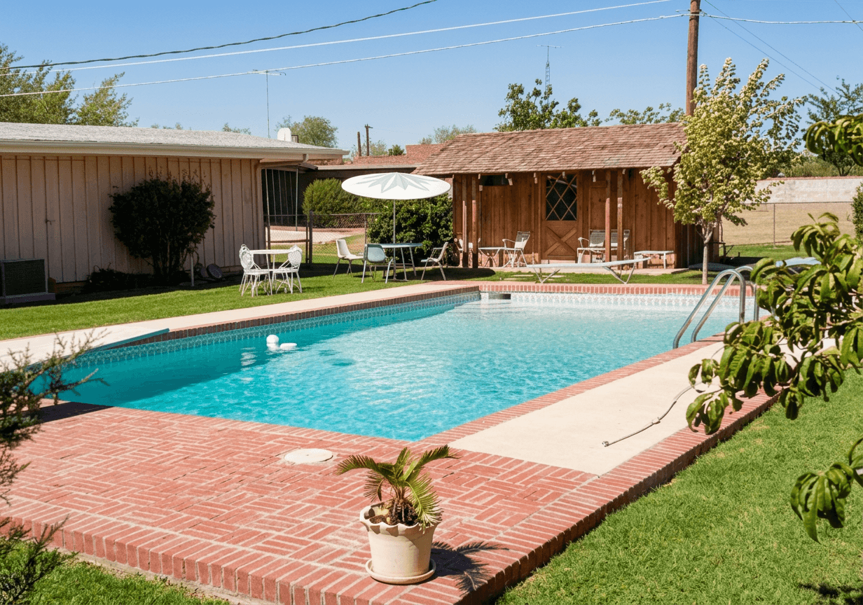 Rectangular in-ground pool with red brick deck, white patio umbrella and wood pool house in sunny backyard