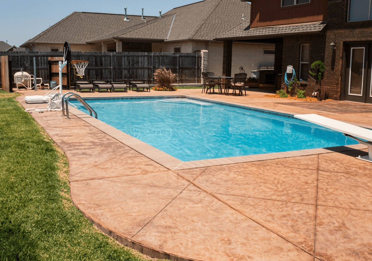 Rectangular in-ground pool with stamped concrete deck and lounge seating in a sunny suburban backyard