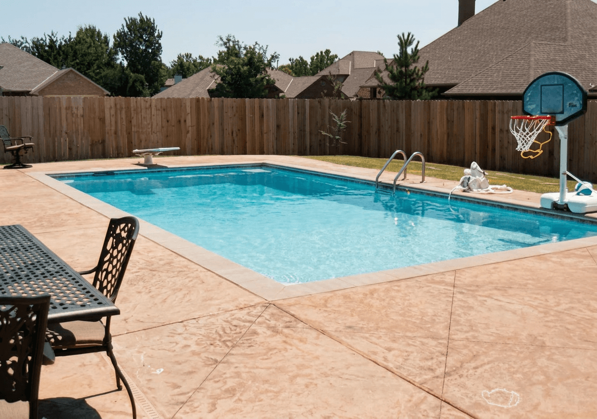 Rectangular backyard pool with diving board, basketball hoop, and stamped concrete deck behind a wood privacy fence