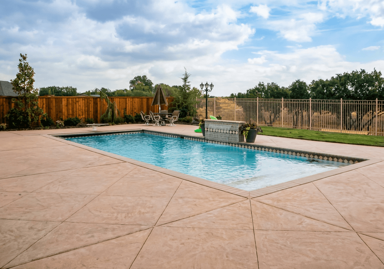 Geometric rectangular backyard pool with tan stamped-concrete deck, wood and chain-link fencing, under partly cloudy sky