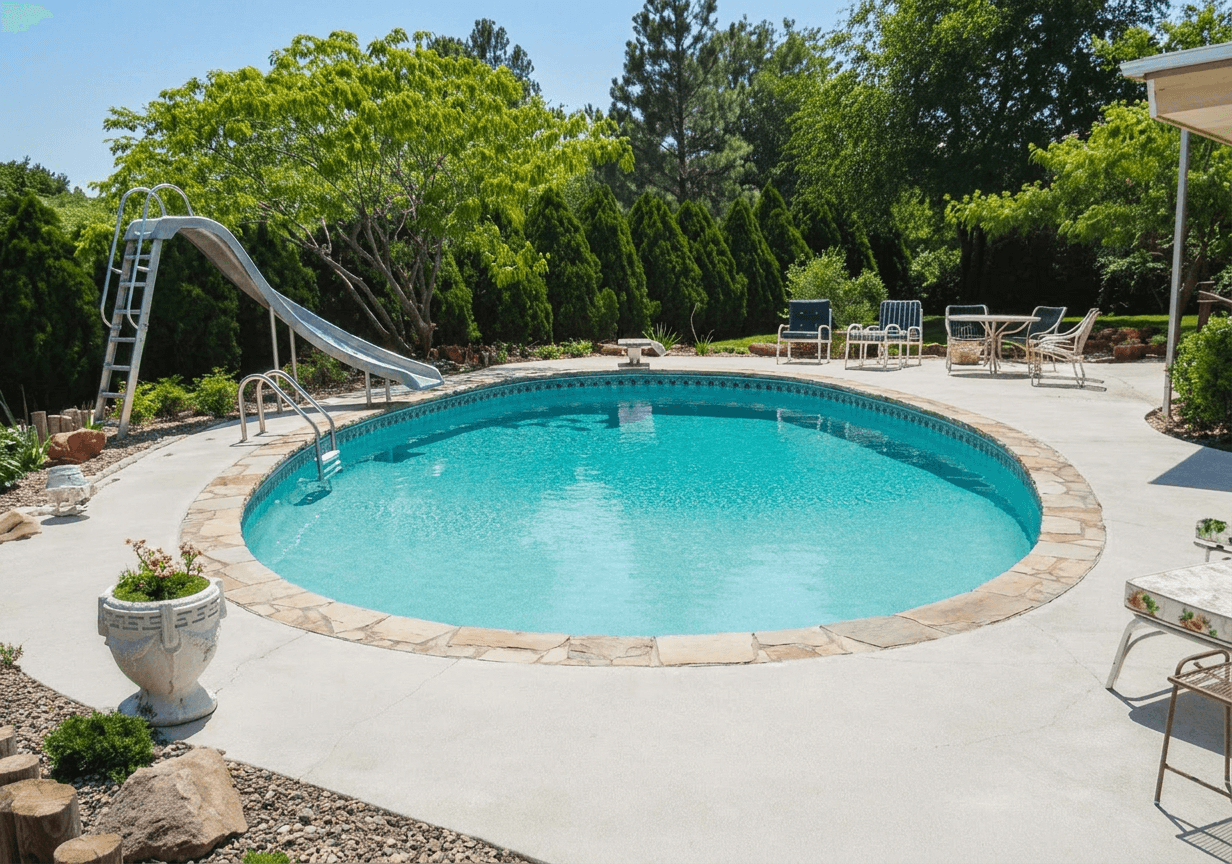 Circular in-ground pool with white water slide bordered by stone coping and concrete deck on a sunny day